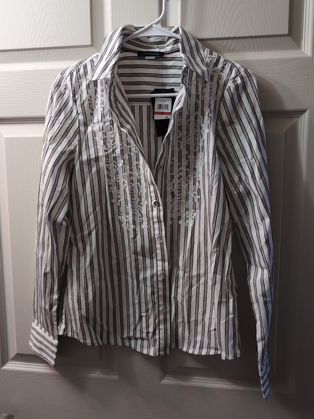 Tommy Hilfiger White Shirt with Black and Brown Stripes